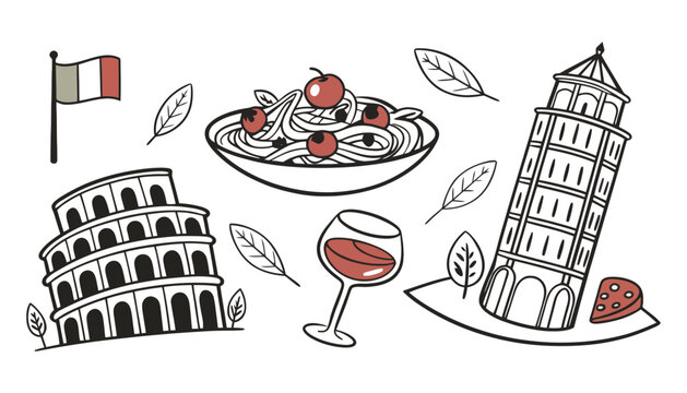 Italian travel icons spaghetti wine landmarks sketch