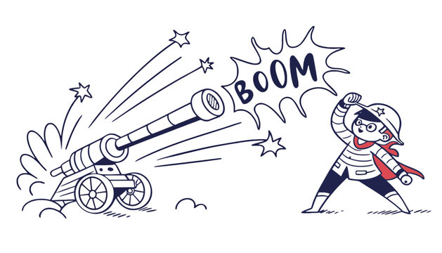 Cannon toy graphic with boom text and playful soldier