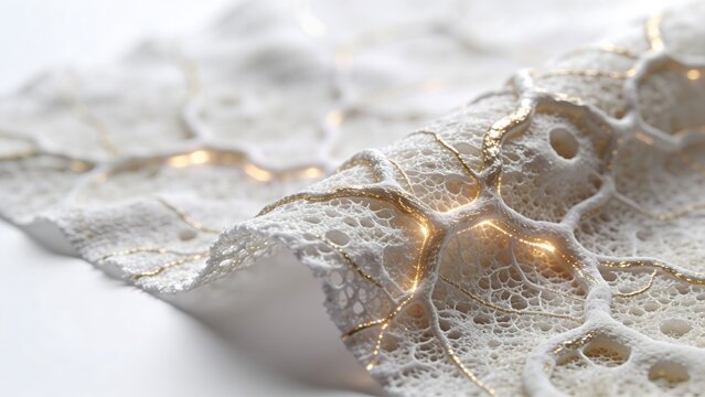 Futuristic high tech bio engineered fabric with self healing organic patterns and glowing golden veins