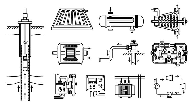 Industrial Engineering Diagrams and Mechanical System Schematics Set.
