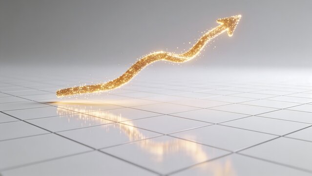 Golden luminous particle path curving elegantly upwards as a growth arrow over corporate grid floor