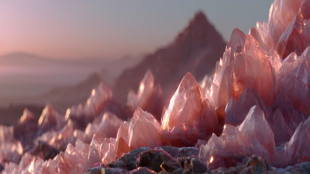 Pink crystal formations dominate a surreal mountain landscape at dawn or dusk, creating an otherworldly and majestic scene.