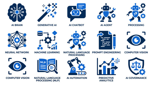 Artificial Intelligence and Machine Learning Icon Set, Vector Dual Tone Icons for Generative AI, Chatbot, Neural Network, Automation, and Deep Learning Concepts