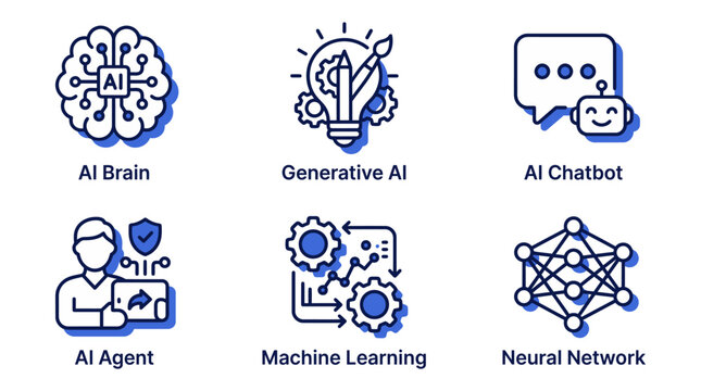 Artificial Intelligence and Machine Learning Icon Set, Vector Dual Tone Outline Icons for AI Chatbot, Generative AI, Neural Network, and Deep Learning Concepts