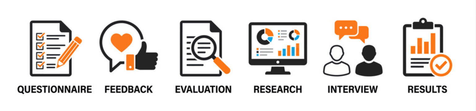 Set of business research and data analysis icons including questionnaire and interview
