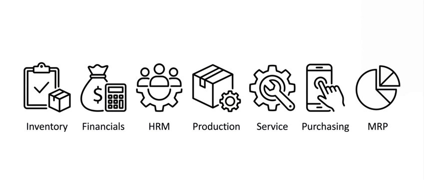 Set of business management icons for erp system including inventory, financials, hrm, production, service, purchasing and mrp