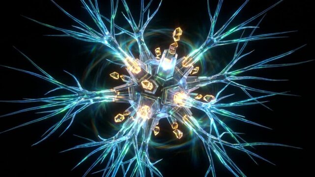 リンパ節内で樹状細胞が抗原提示を行うプロセスを描いた漆黒背景の医療CG動画
