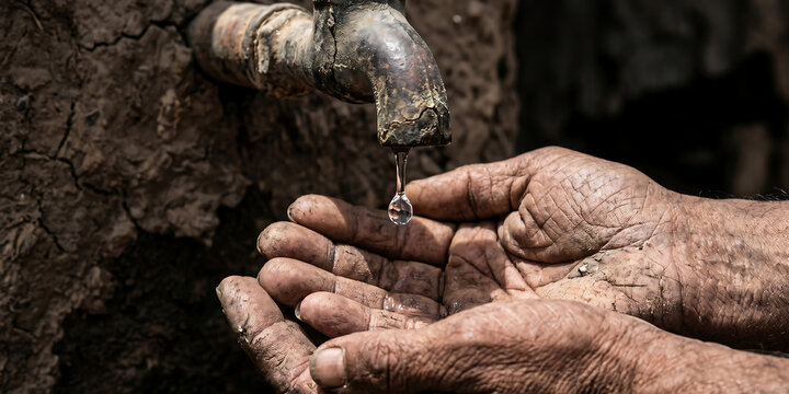 Rough, calloused hands catching precious drops of water from rusty, dripping faucet in arid environment.
