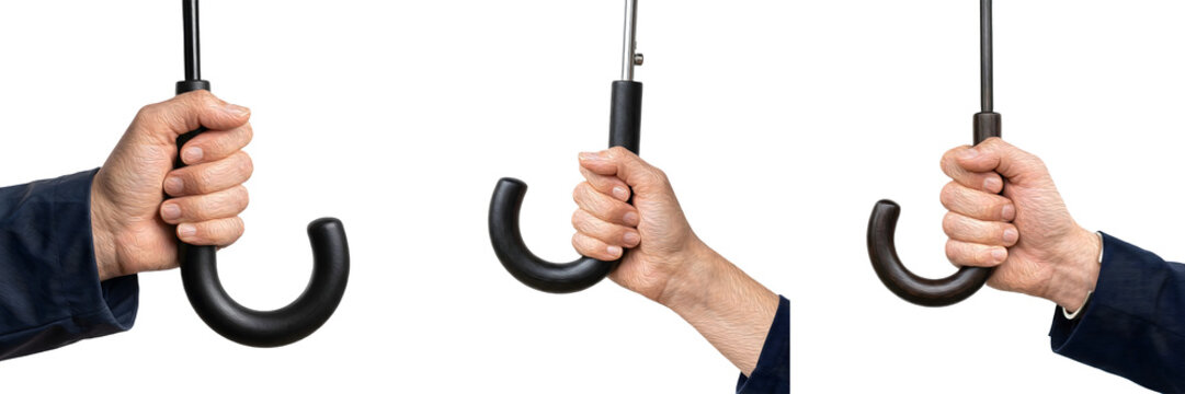 Set of three isolated images showing hands holding black umbrella handles at different angles, perfect for concepts of weather, protection, fashion, and autumn themes.