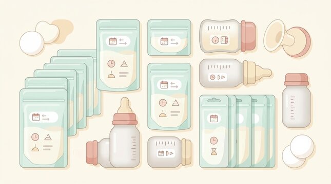A mother is nursing her baby while using milk storage bags for future feedings. The setting shows various bottles and bags prepared.