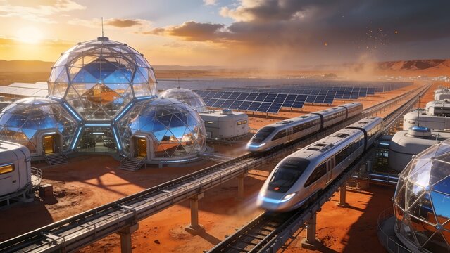 Futuristic modular human colony on Mars planet with geodesic biodomes and high-speed maglev train at sunset