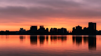 Fototapeta premium Serene cityscape sunset reflects modern innovation a tranquil vibrant architectural landscape concept