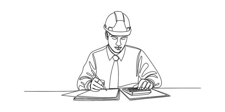Engineer wearing hard hat working at desk with calculator and papers.