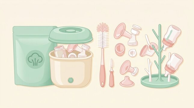 Tools for cleaning and sterilizing breast pumps are displayed on a light background. This setup includes a steaming unit, brushes, and storage.