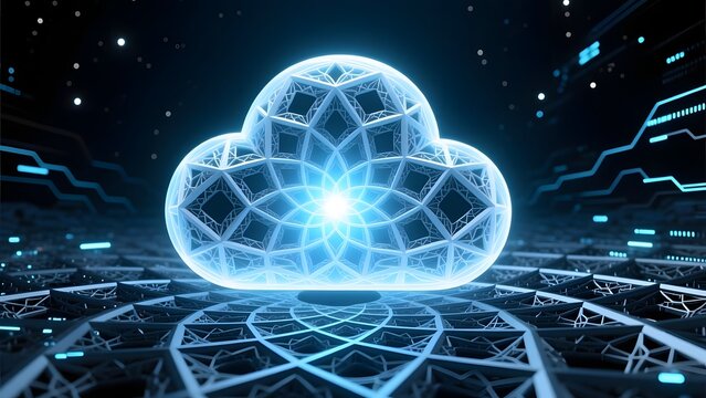 Futuristic cloud computing icon with glowing geometric patterns, digital data storage concept, blue neon network infrastructure in cyberspace