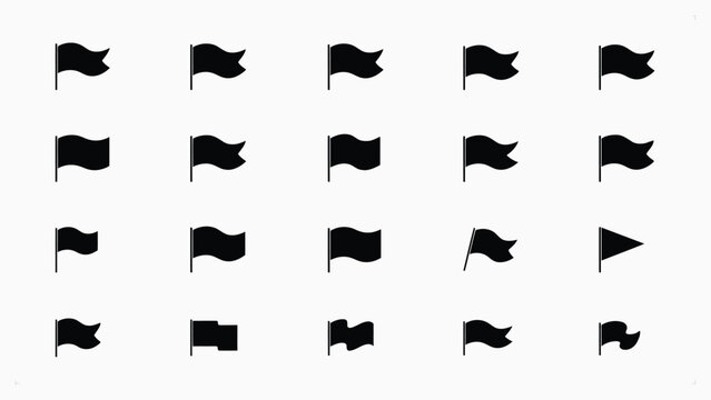 Set of twenty black flag icons in different shapes and styles for web and interface design.
