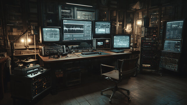 A dimly lit room with multiple computer screens and equipment on a desk