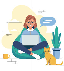 Woman sitting with laptop and cat isolated on white background, Vector, illustration © Emam's Creation