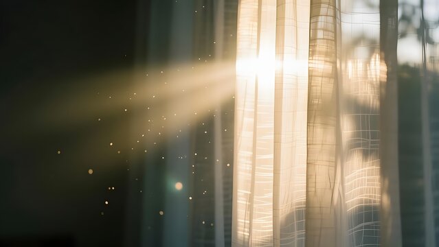 Golden morning sunlight streaming through window curtains, ethereal sun rays with floating dust particles, warm atmospheric indoor lighting