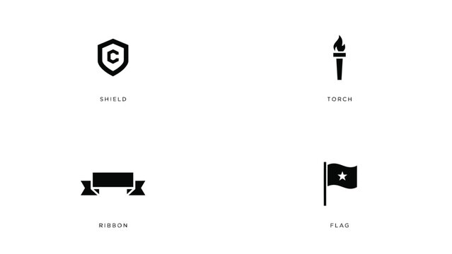 Vector icon set containing shield torch ribbon and flag symbols for branding and interface.