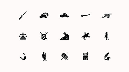 Obraz premium Various historical military gear and traditional items isolated as monochromatic flat icons.