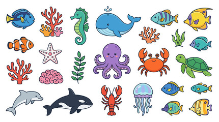 Colorful sea animals collection featuring whale octopus and turtle © nisol