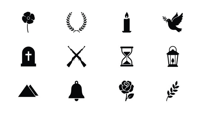 Set of memorial and funeral icons featuring gravestone weapons candle dove and flowers.