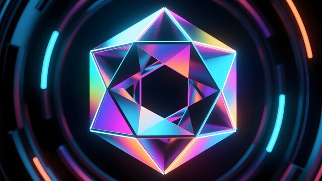 Futuristic geometric crystal core with neon lighting, glowing iridescent prism object in tech circle, abstract 3d glass sculpture for gaming and sci-fi backgrounds