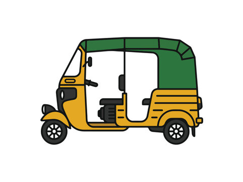 Illustration of a yellow and green tuk-tuk or auto rickshaw on a white background