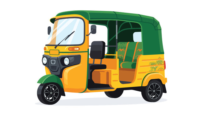 Yellow and green tuk-tuk auto rickshaw vehicle on white background