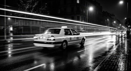 Fototapeta premium A speeding yellow taxi in a blur of light streaks through a wet urban street at night