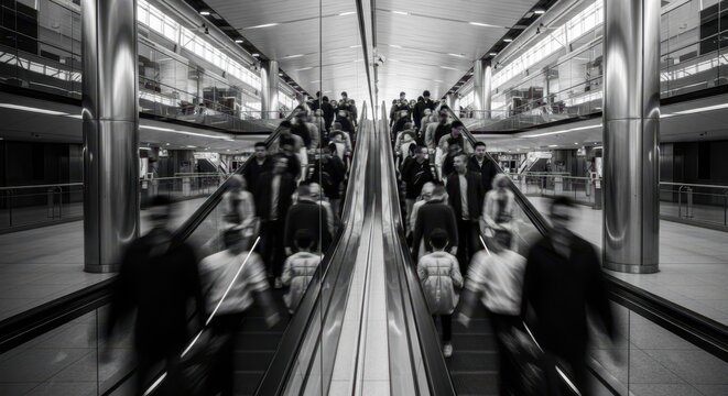 Blurred crowd of people ascending and descending on escalators in a modern transportation hub
