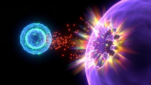 キラーT細胞が標的細胞に脱顆粒と穿孔を行う様子を描いた、漆黒背景の抽象的な医療CG動画。