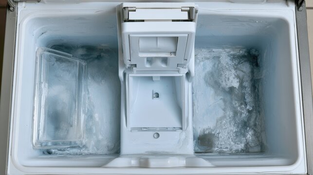 Freezer shows frost buildup and an empty space in a kitchen setting during late morning hours