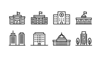 Government and municipal buildings line icons set featuring school university hospital courthouse skyscraper office city hall and capitol architecture © REBEKA