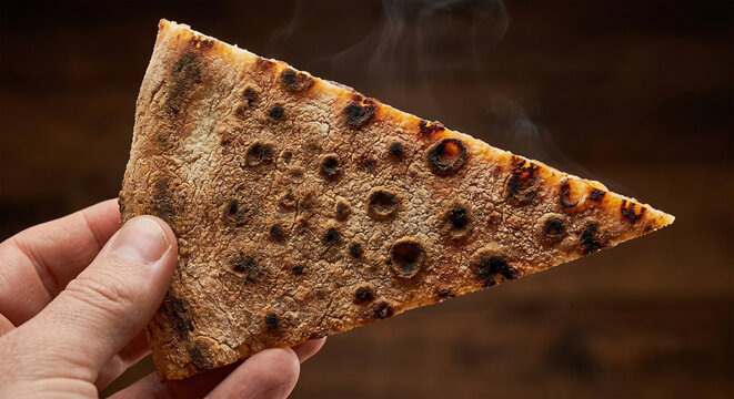 &nbsp;A professional close-up shot of the underside of a NY-style pizza slice. The image highlights the "leopard-spotting" of the crust&mdash;random, charred dark-brown circular blisters across a matte, toasted-
