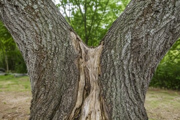 Fototapeta premium Split tree trunk growing in opposite directions, revealing dried wood inside.