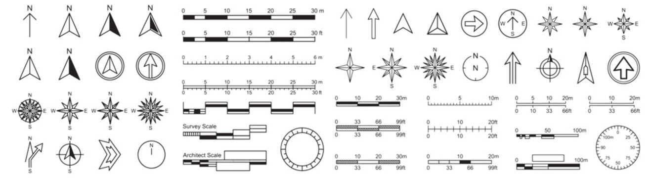 Architectural Map Symbols and Scale Bars Set &ndash; Vector North Arrows, Compass Roses, and Measurement Scales 