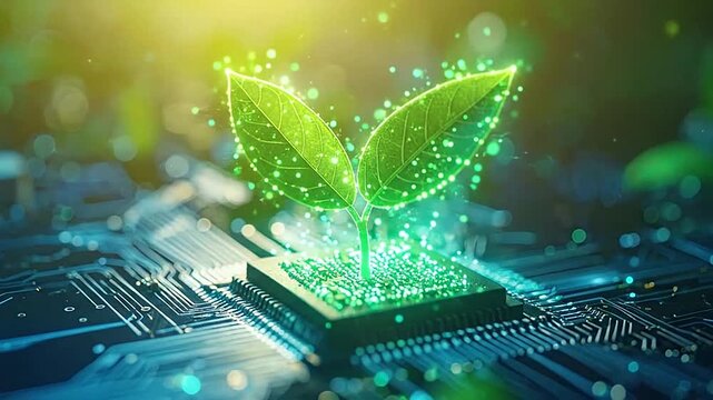 A small green plant growing from a digital computer processor