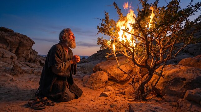 Biblical prophet Moses kneeling in humble prayer before the miraculous burning bush in a rocky desert landscape at sunset with divine light.