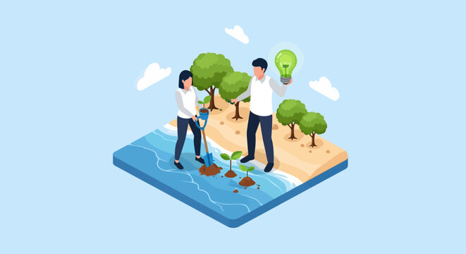 People planting trees on a small island representing environmental conservation.