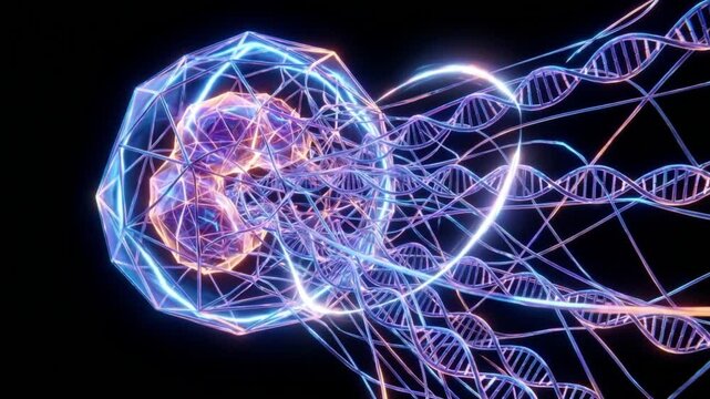 好中球がネットーシスによりDNAの網を放出し標的を拘束する、漆黒背景の抽象的な医療CG動画。
