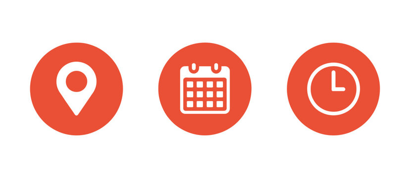 Location Calendar Clock Icons in Red Circle, Map Pin Date and Time Symbols for Event Scheduling