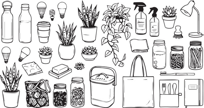 Set of hand drawn zero waste and eco friendly lifestyle items for sustainable living and plastic free home concept
