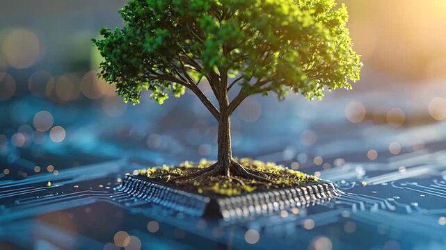 A small green tree growing from a digital electronic circuit board