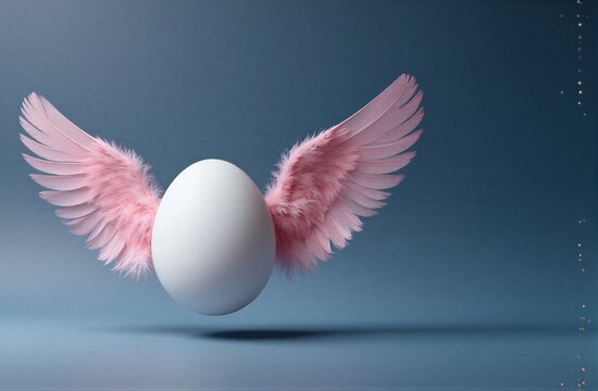 White egg with pink wings floats gracefully against a serene blue backdrop.
