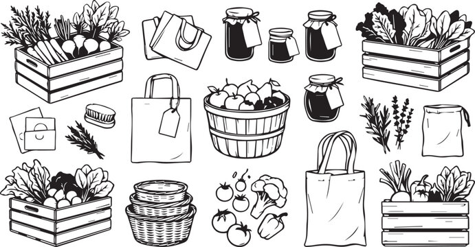 Set of hand drawn organic farm produce in wooden crates with shopping bags and glass jars of jam in black and white