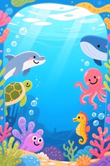Obraz premium Sweet Ocean Cartoon Creatures Peeking from Vertical Underwater Frame