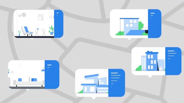 Real Estate App Interface Showing Building Properties on Interactive Map Animation