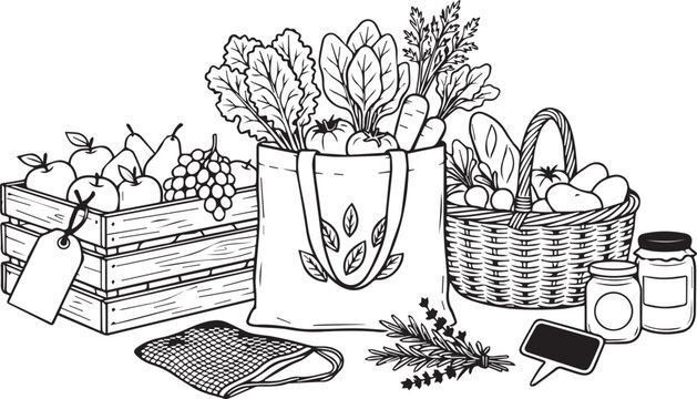 Fresh organic vegetables fruits and groceries in a canvas tote bag wooden crate and wicker basket line art drawing